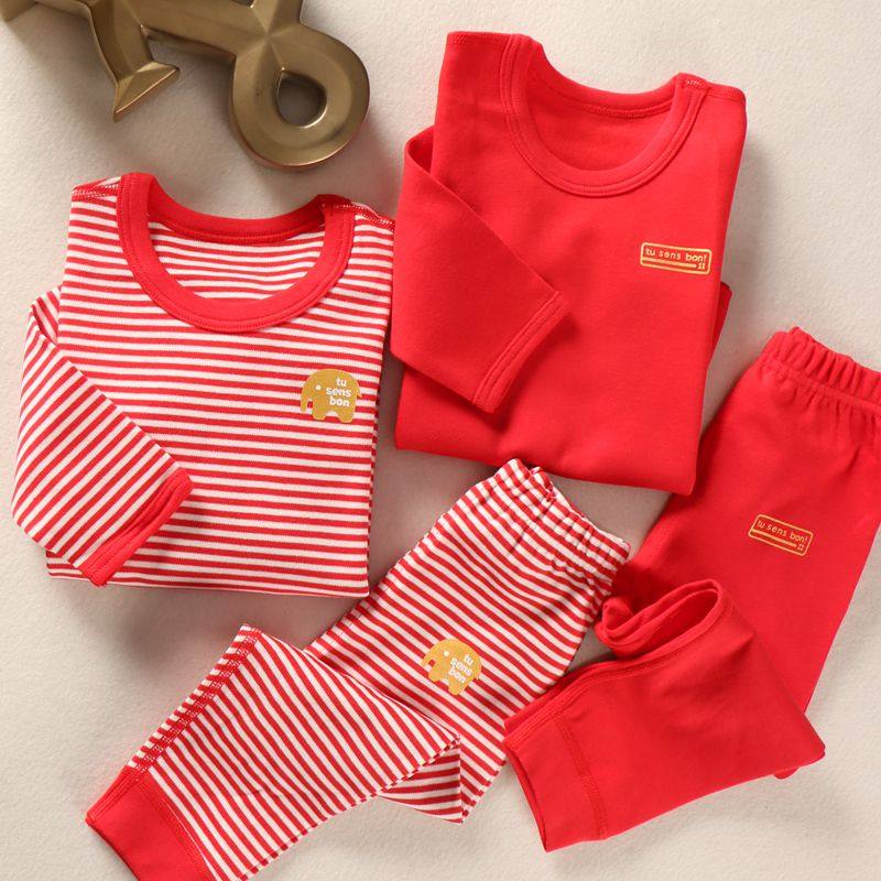 新年中国红色儿童纯棉套装男女童红色秋衣秋裤贺岁全棉内衣0-10岁