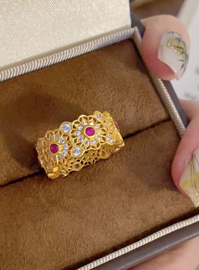 金包银玫瑰花窗花戒指镂空花丝玫红镶钻玫瑰花窗花轻奢新中式