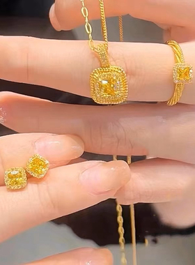 金色饰品 爆闪小方糖钻耳钉女金色天然水晶宝石高级感送礼物