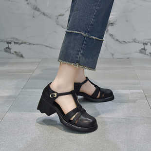 2025新款夏季包头凉鞋女外穿真皮软底罗马鞋厚底高跟皮鞋玛丽珍鞋