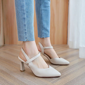 女高跟鞋 软皮一字带真皮鞋 2025年春夏季 粗跟尖头皮鞋 新款 包头凉鞋