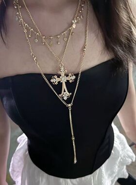 复古巴洛克多层风双层叠十字架项链小众设计辣妹高级毛衣锁骨颈链