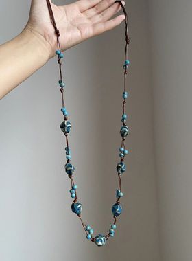 新中式国风蓝色串珠项链女民族风编织吊坠长款毛衣链高级颈链