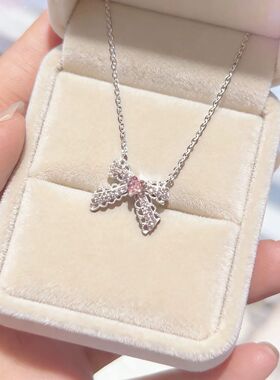 蕾丝蝴蝶结爱心粉色锆石项链甜美风少女感小众气质百搭锁骨链配饰
