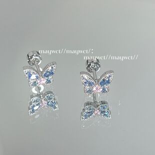 绝美清冷冰川蓝粉色爆闪蝴蝶螺丝平底耳骨耳蜗耳钉