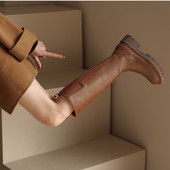 长筒靴 真皮小个子厚底侧拉链骑士靴女2025新款 显腿细 炸街款