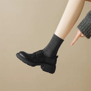 踩屎感!巨舒服!英伦风厚底圆头真皮乐福鞋中跟羊皮女单鞋小皮鞋