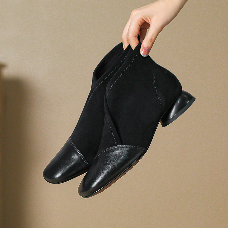 法式小众英伦风拼接弹力小短靴女