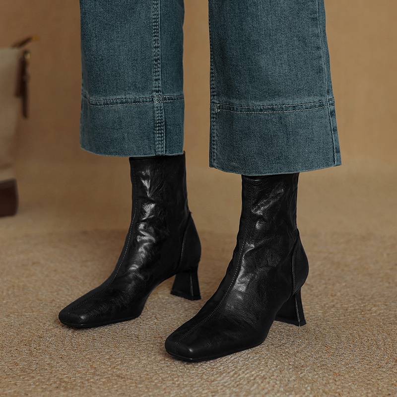 法式小方头百搭粗跟羊皮短靴
