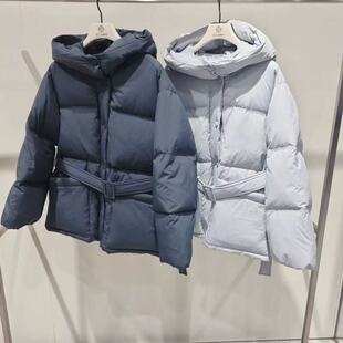 韩国专柜CC COLLECT正品冬季时尚束带连帽羽绒服收腰中长款面包服