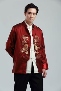 外套2318春秋冬男装 刺绣金双龙翻袖 长袖 男士 休闲立领男上衣 唐装
