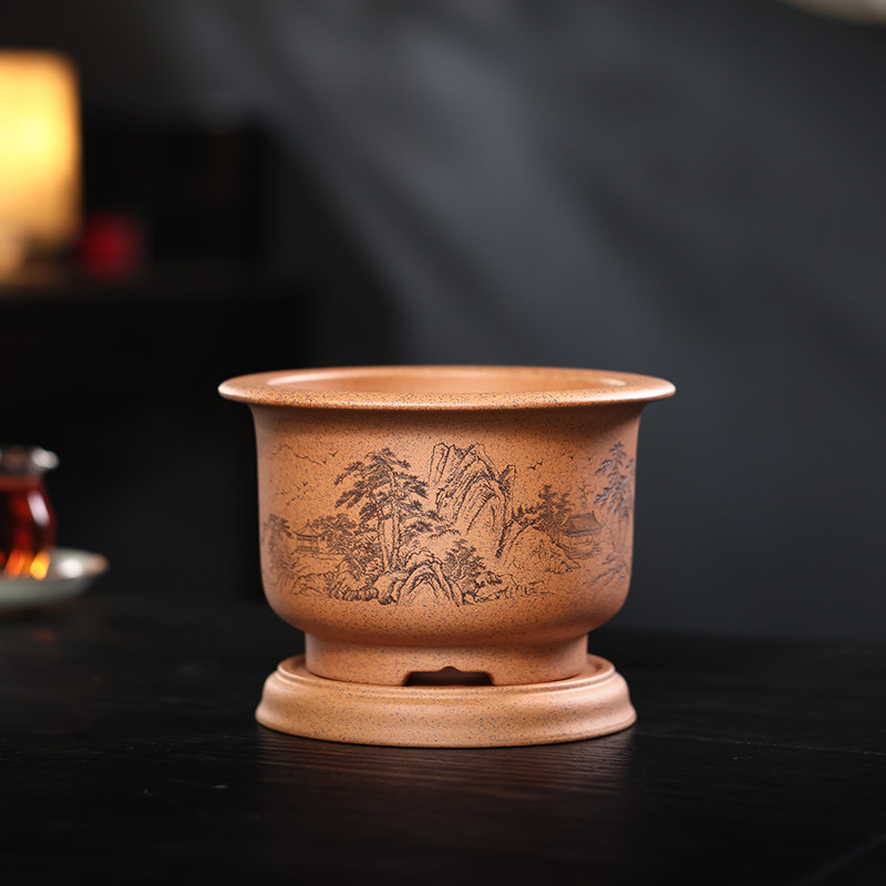 精品柴烧紫砂花盆通刻山水金钟款室内家用兰花菖蒲盆景盆专用带座