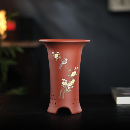 精品紫砂花盆全手工泥绘束腰兰花盆带托盘大号春兰惠兰专用盆特价