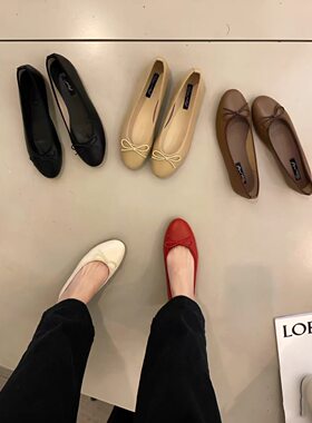 红色芭蕾鞋女配裙子平底蝴蝶结单鞋浅口孕妇婚鞋舒适奶奶鞋一脚蹬