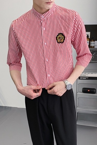 714A-9258P45控59/2025夏季清爽条纹立领工作服衬衫潮流制服衬衣图片