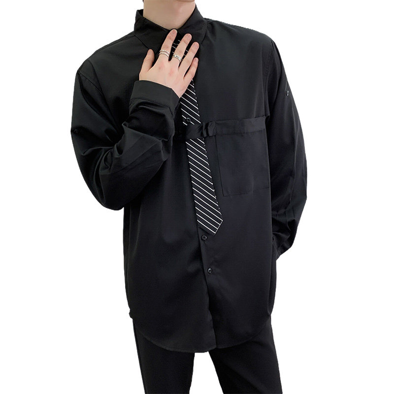 714A-H3009P55控88/2025秋发型师工作服衬衫条纹领带拼接宽松衬衣,男装衬衫,星座714A（原电商C314）