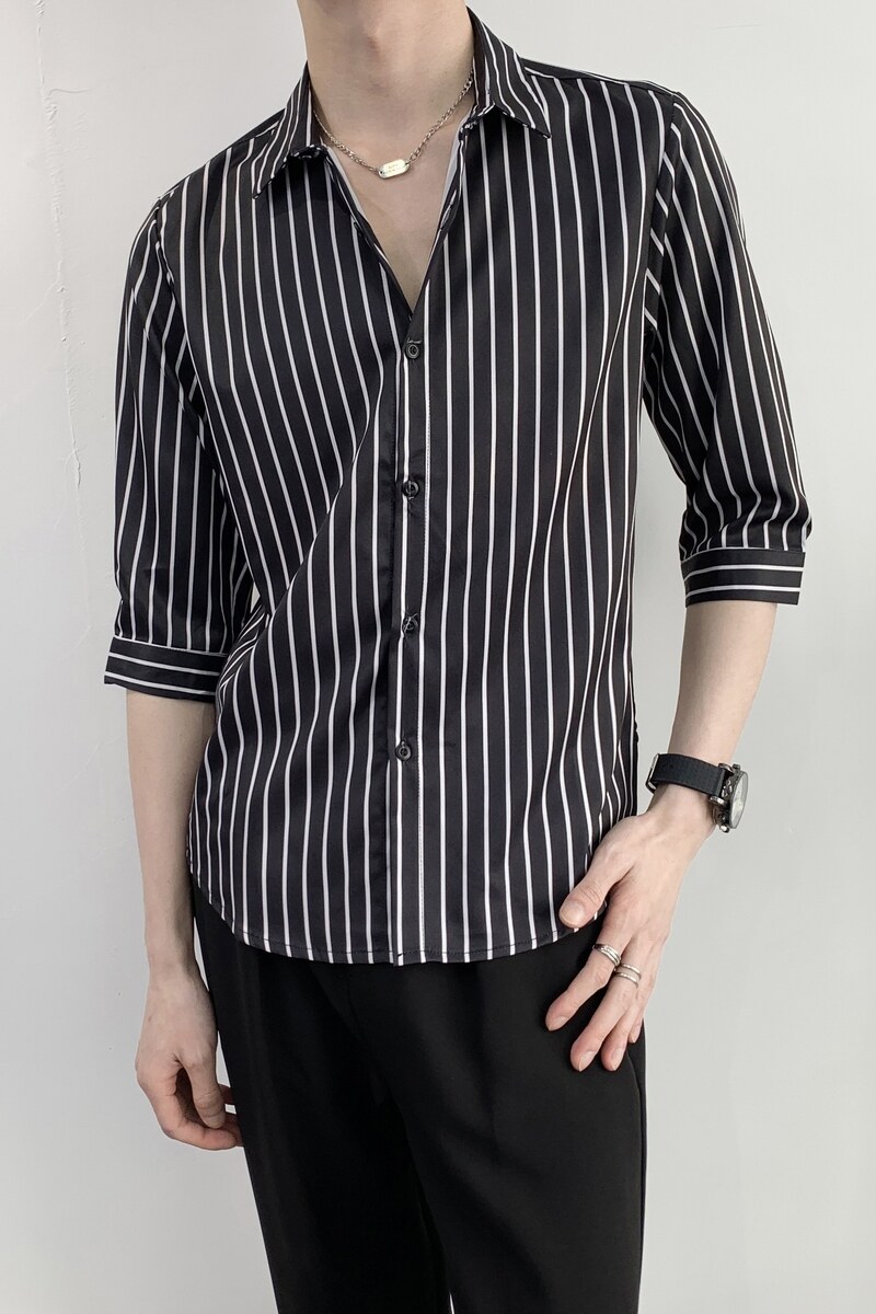 714A-5002P45控69/2025夏季新款男女同款条纹衬衫中袖五分袖衬衣,男装T恤,星座714A（原电商C314）