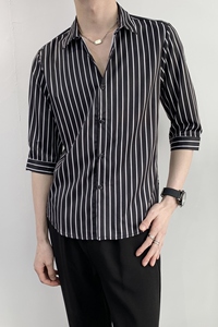 714A-5002P45控69/2025夏季新款男女同款条纹衬衫中袖五分袖衬衣图片