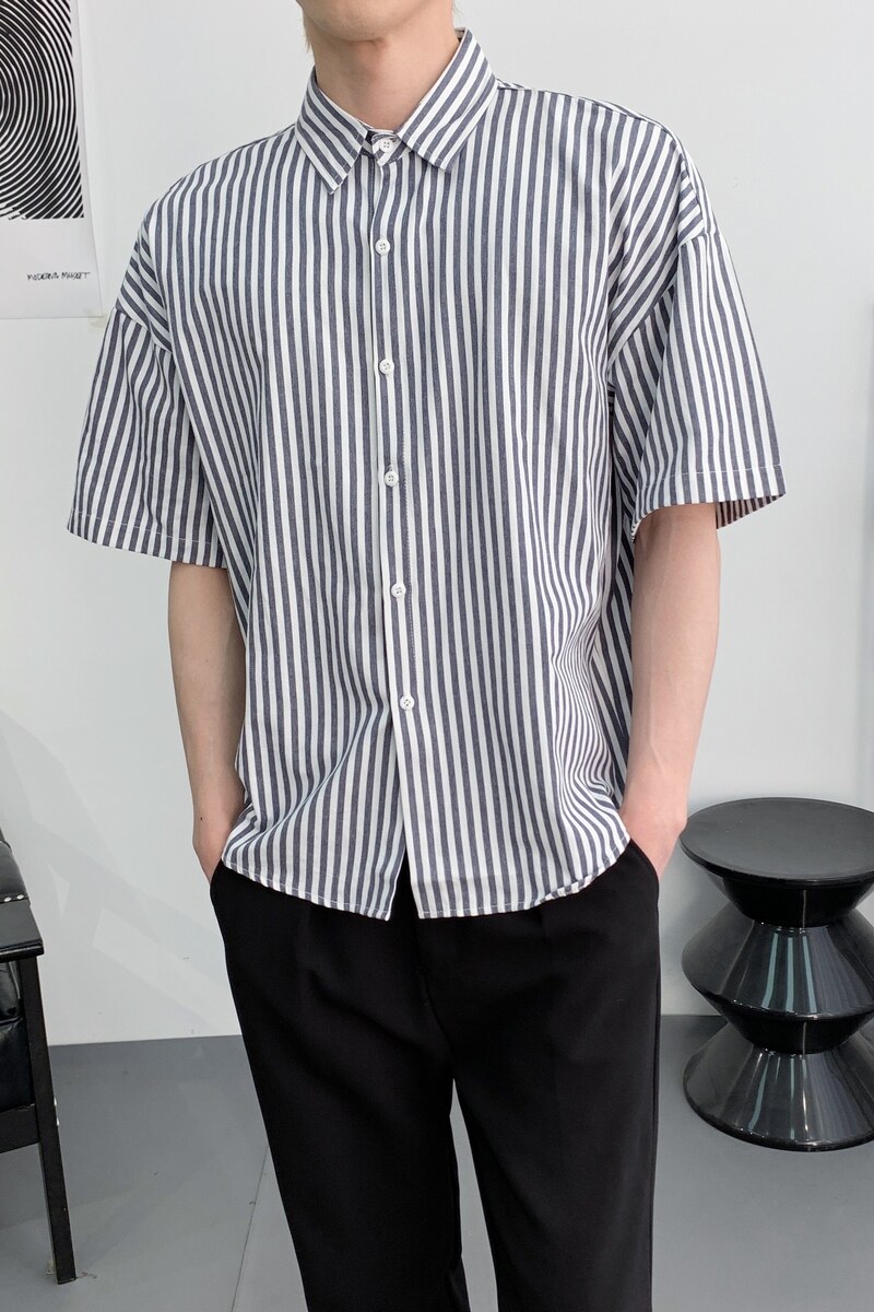 714A-D645特P38控49/2025夏季男士清爽条纹衬衫宽松短袖休闲衬衣,男装衬衫,星座714A（原电商C314）