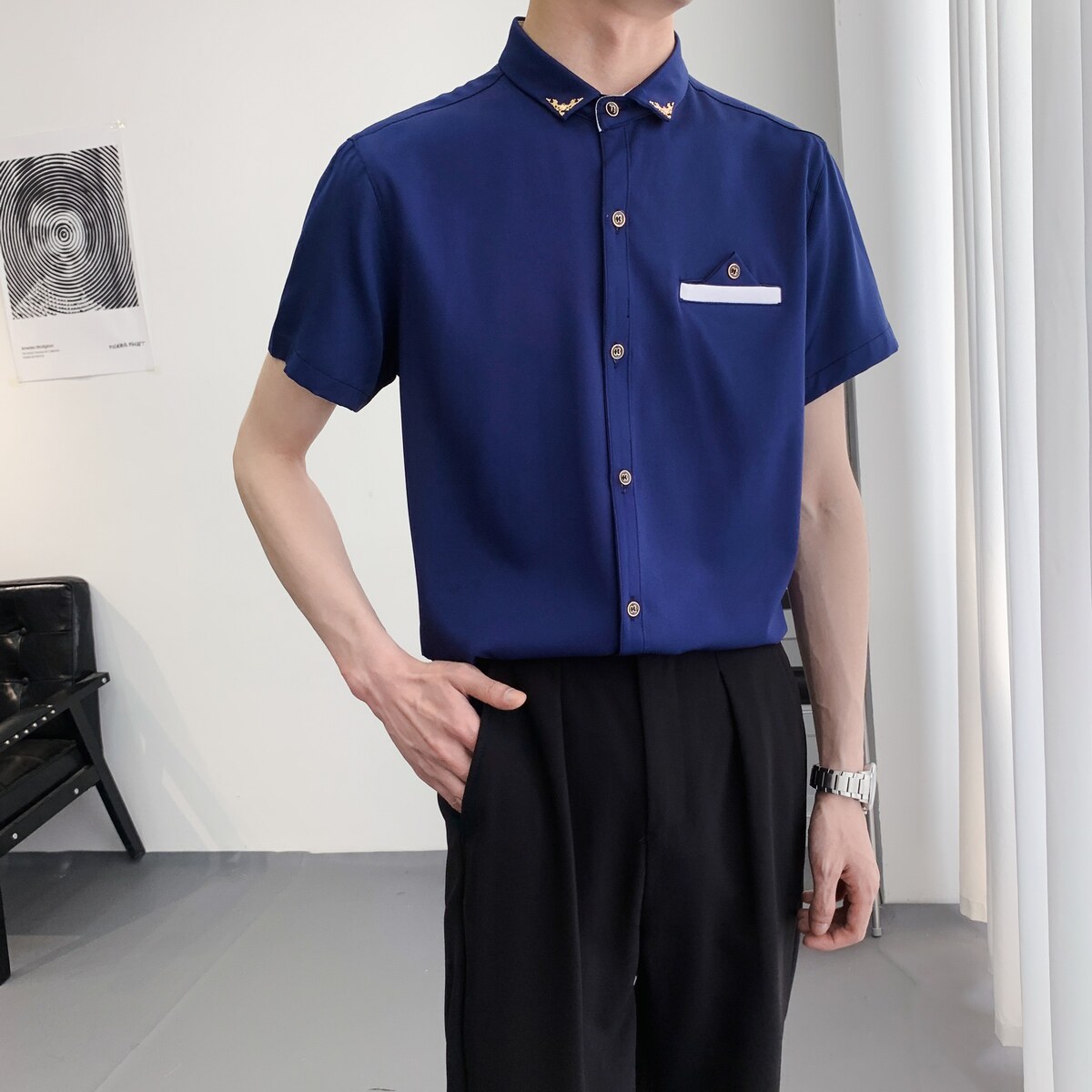 714A-9215P30控49/2025夏季男士短袖衬衫修身工作服衬衣ktv理发店图片