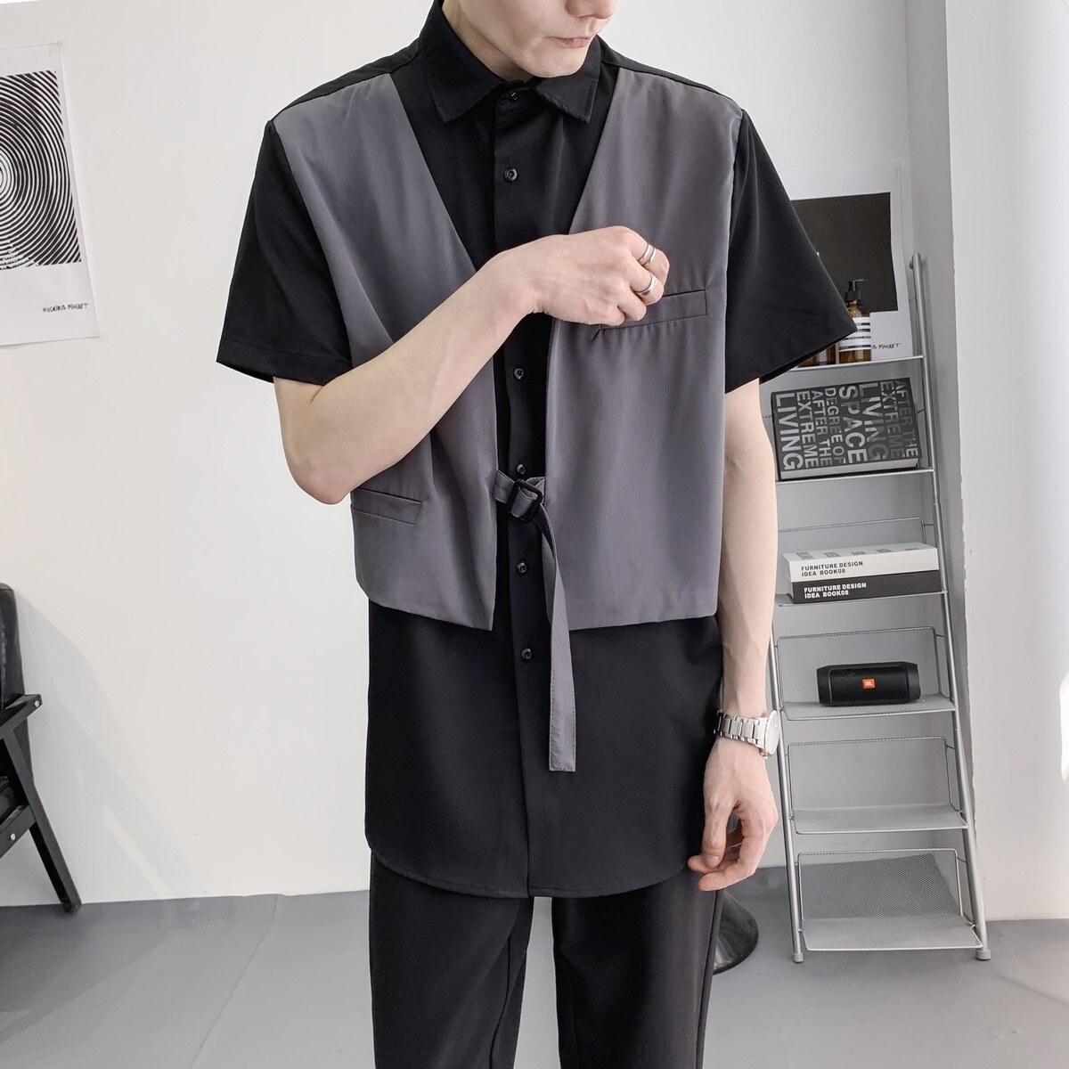 714A-H3012P55控79/2025夏季新款发型师工作服衬衫宽松假两件衬衣,男装衬衫,星座714A（原电商C314）