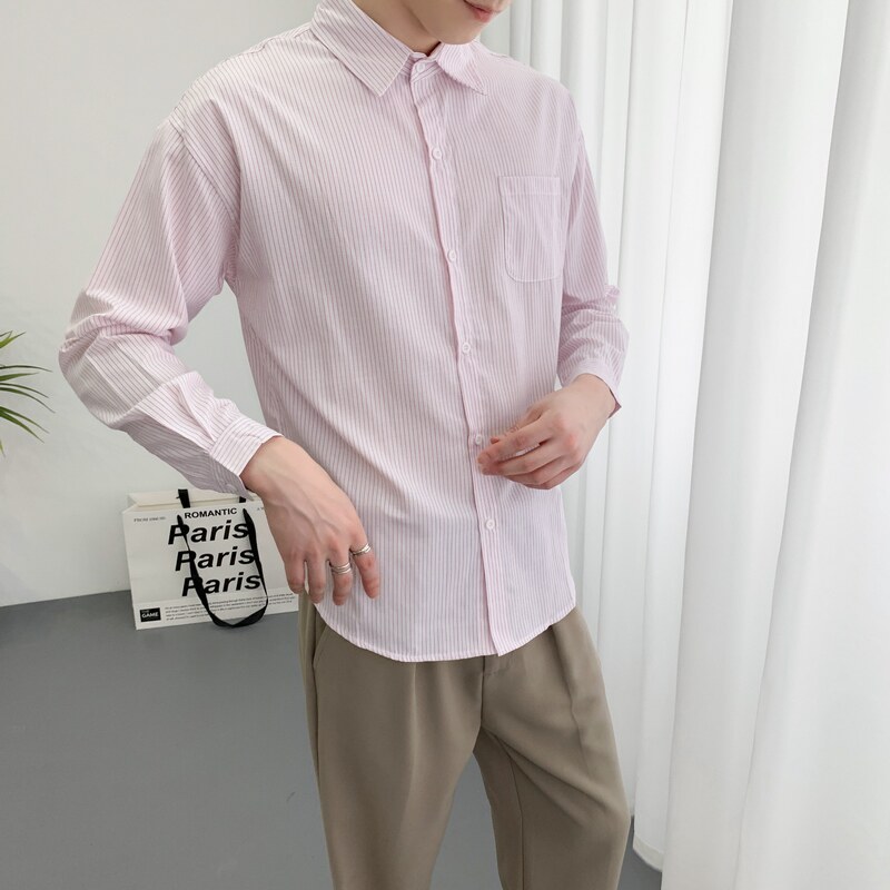 714A-D663P45控69/2025春季男士宽松细条纹清新衬衫微阔潮版衬衣图片