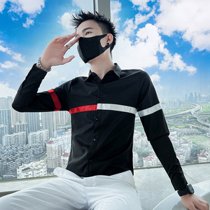 714A-T9067P35控55/2025春季男士撞色织带衬衫修身制服衬衣青少年图片