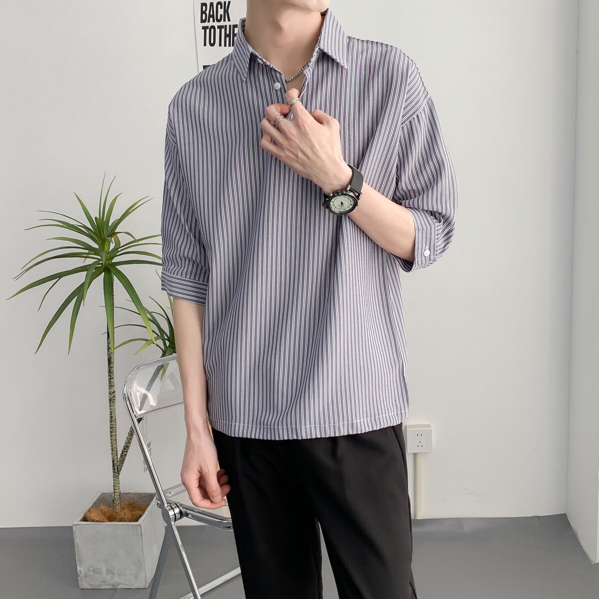 714A-H265P55控79/2025夏季男士套头条纹衬衫休闲宽松衬衣潮，男装衬衫，星座714A（原电商C314）