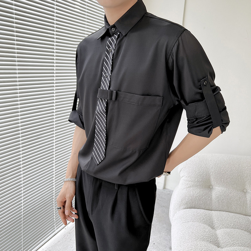 714A-H3009P55控75/轻熟风2025春衬衫领带衬衣宽松发型师服S-5XL,男装衬衫,星座714A（原电商C314）