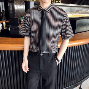714-D644P45/店主风2025夏季短袖衬衫条纹工作服衬衣休闲制服装