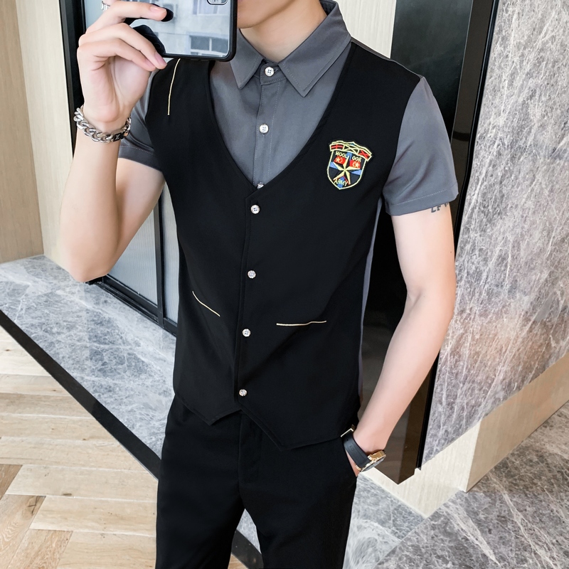 714-H669P55/店主风2025夏季发型师短袖假两件马甲衬衫衬衣S-5XL，男装T恤，星座714(原C313)