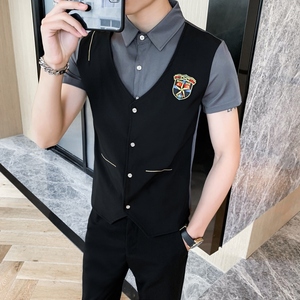 714-H669P55/店主风2025夏季发型师短袖假两件马甲衬衫衬衣S-5XL，男装T恤，星座714(原C313)