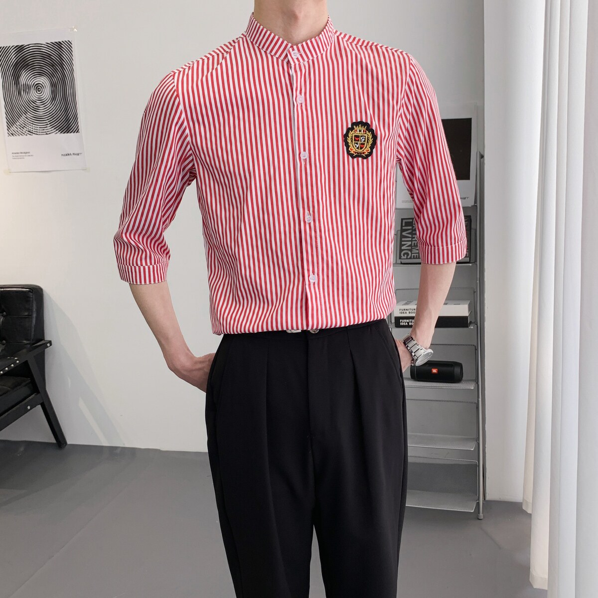 714A-9258P45控59/2025夏季清爽条纹立领工作服衬衫潮流制服衬衣,男装衬衫,星座714A（原电商C314）