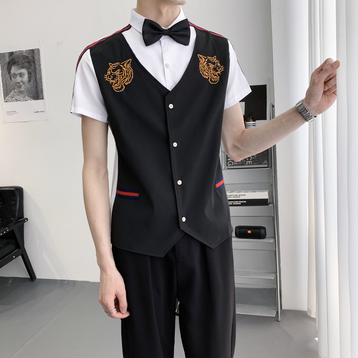 714A-H665P55控79/2025新夏季ktv酒吧理发店餐厅假两件工作服衬衫,男装衬衫,星座714A（原电商C314）