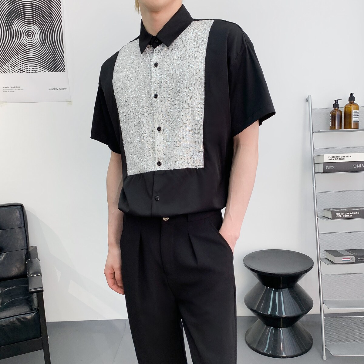 714A-D3075P45控69/2025夏季男宽松亮片衬衫夜店中性装舞台服衬衣,男装衬衫,星座714A（原电商C314）