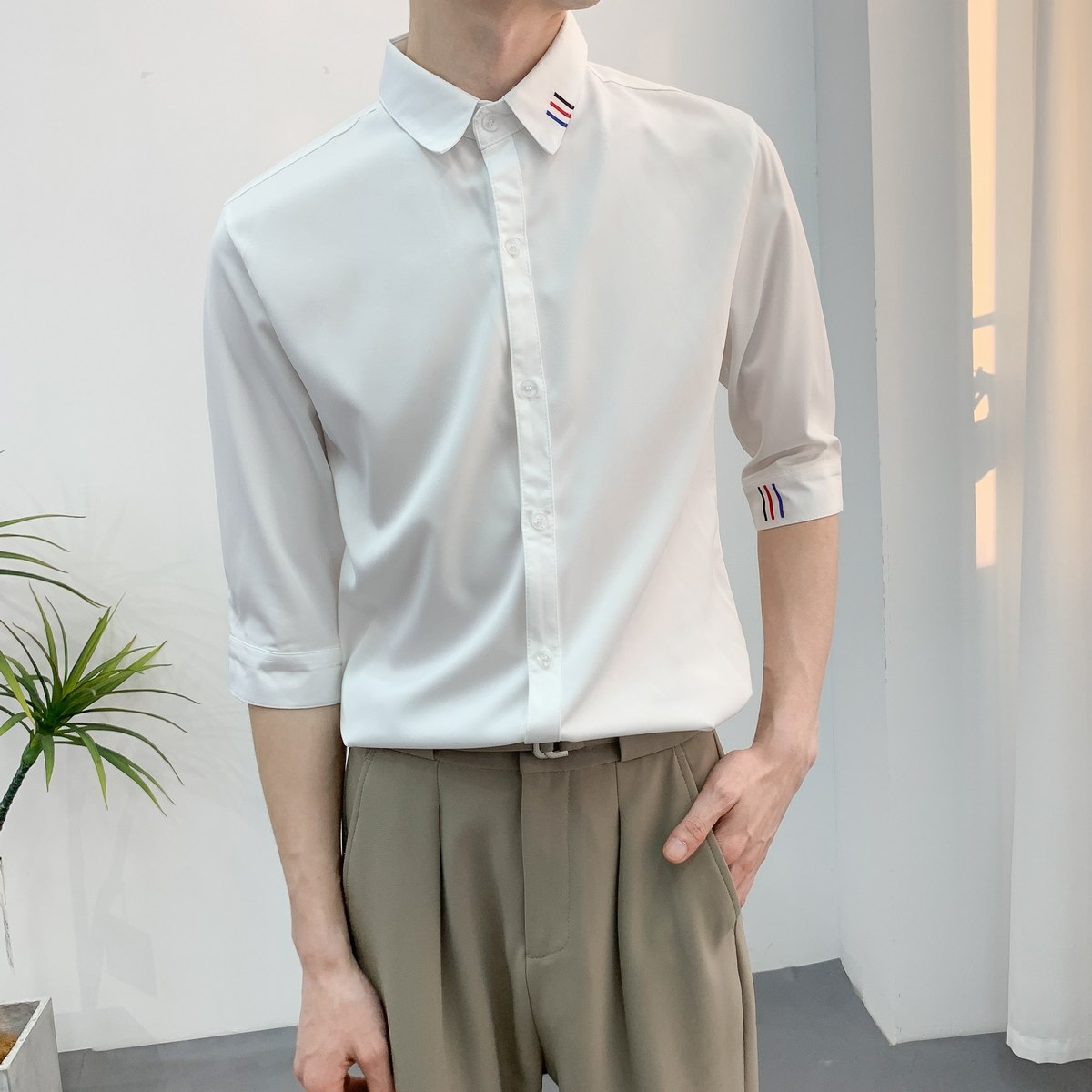 714A-9329P40控59/2025夏季新款男中袖衬衫五分袖半袖工作服衬衫图片