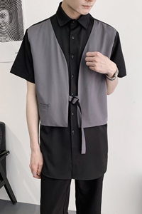 714A-H3012P55控79/2025夏季新款宽松工作服衬衫理发店假两件衬衣图片
