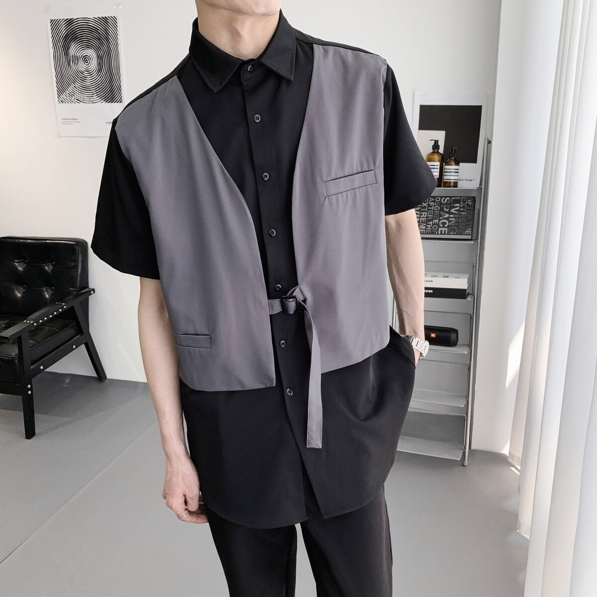 714A-H3012P55控79/2025夏季新款发型师工作服衬衫宽松假两件衬衣,男装衬衫,星座714A（原电商C314）