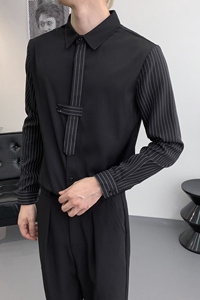 714A-D3035P45控69/2025秋季男士修身工作服衬衫领带条纹拼接衬衣图片