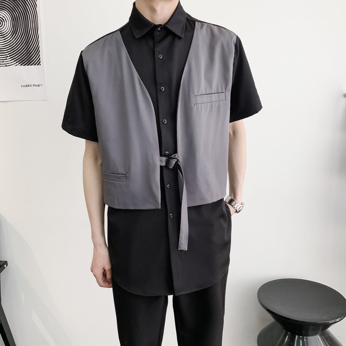 714A-H3012P55控79/2025夏季新款宽松工作服衬衫理发店假两件衬衣图片