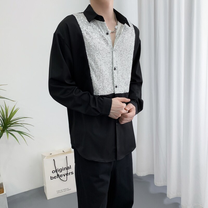 714A-H3033P55控88/2025秋暗黑衬衫发型师美容厅假两件亮片工作服,男装衬衫,星座714A（原电商C314）