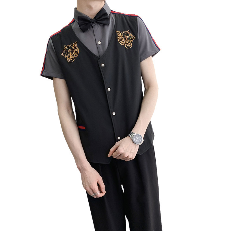 714A-H665P55控79/2025新款夏季ktv酒吧理发店工作服衬衫假两件,男装衬衫,星座714A（原电商C314）