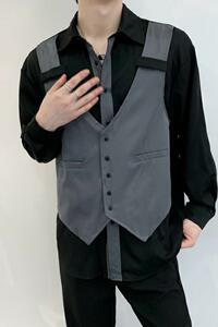 714A-H3020P55控88/2025秋暗黑冷淡衬衫发型师美容厅假两件工作服图片