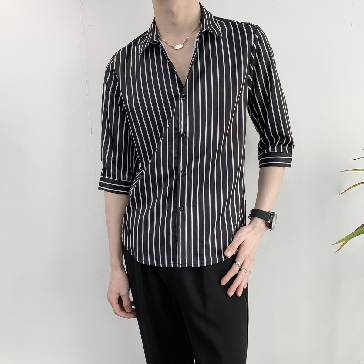 714A-5002P45控69/2025夏季新款男女同款条纹衬衫中袖五分袖衬衣,男装T恤,星座714A（原电商C314）