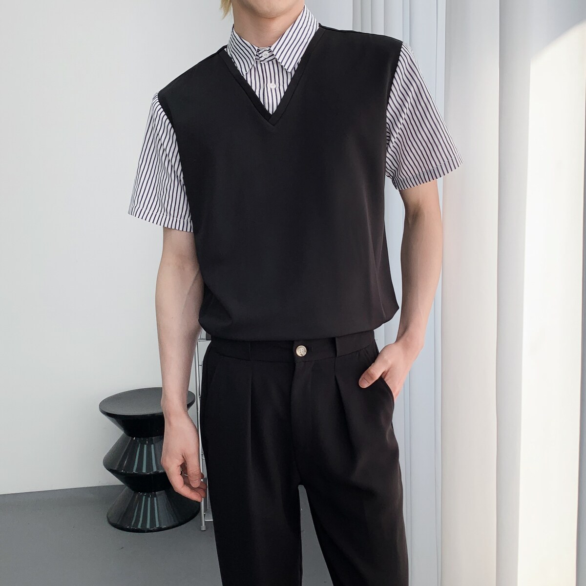 714A-D3081P45控69/2025夏季工作服潮流条纹拼接餐厅奶茶店ktv服,男装衬衫,星座714A（原电商C314）