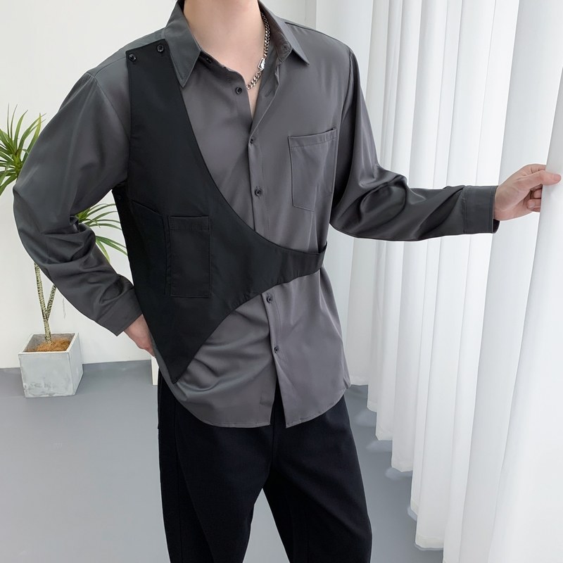 714A-H3010P55控88/2025秋季新款美发厅工作服衬衫假两件马甲衬衣,男装衬衫,星座714A（原电商C314）