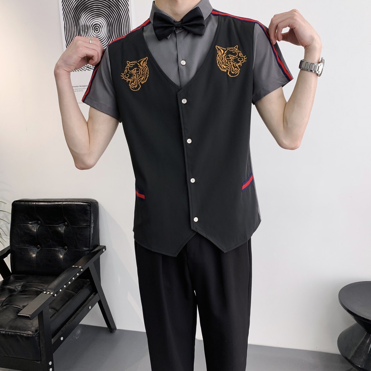 714A-H665P55控79/2025新款夏季ktv酒吧理发店工作服衬衫假两件,男装衬衫,星座714A（原电商C314）