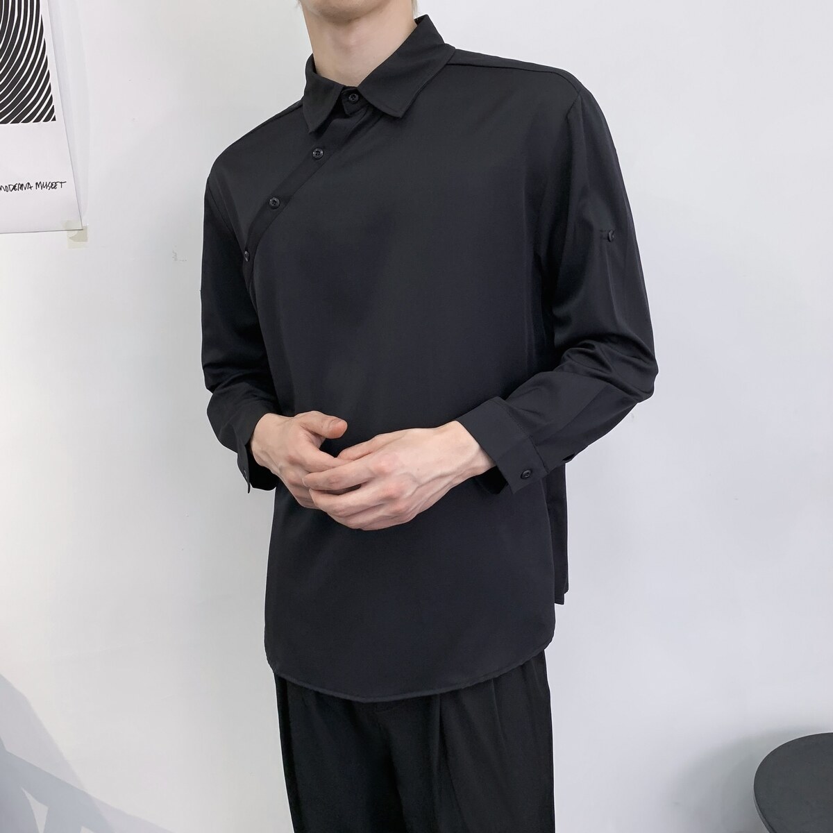 714A-F3063P50控69/2025秋季日系宽松理发店工作服潮流斜门襟衬衫图片