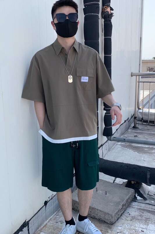 714A-G8030P85控135/2025夏男宽松日系小标工装短袖衬衫潮版三色,男装T恤,星座714A（原电商C314）