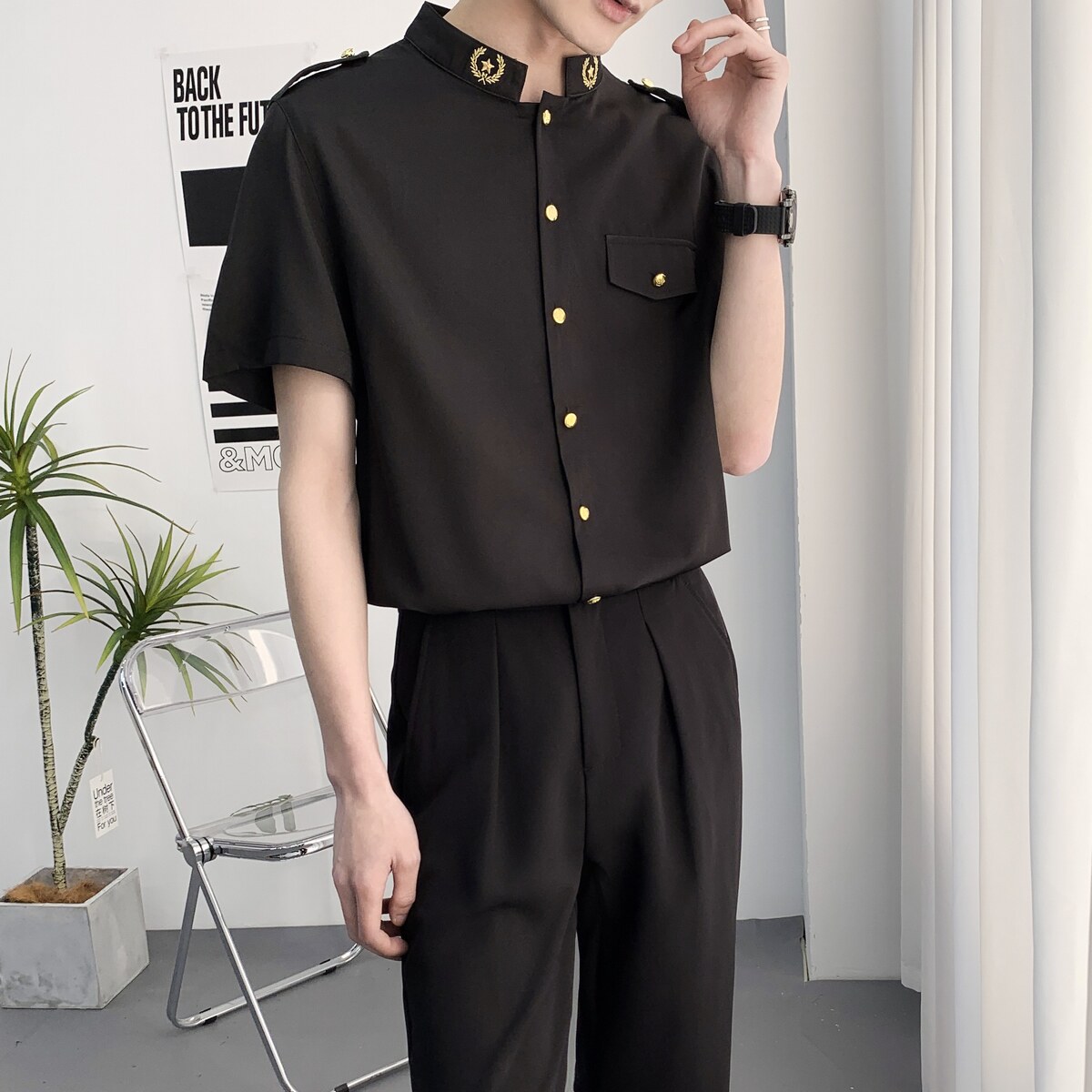 714A-D607P45控69/2025夏季短袖衬衫立领空少制服衬衣ktv酒吧制服,男装T恤,星座714A（原电商C314）
